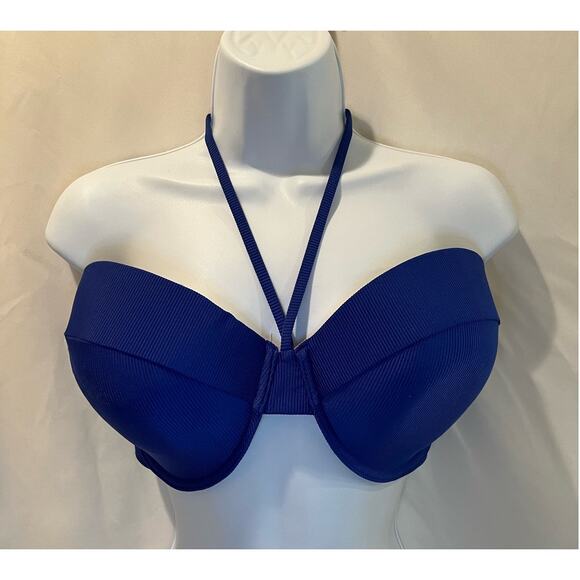 Royal Blue Ribbed Halter Bikini Top - Size 38DD - NWOT - Picture 1 of 7